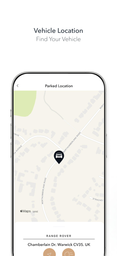 Oberfläche der Land Rover Remote App mit einer Karte, die den geparkten Standort und die Adresse des Fahrzeugs zeigt.