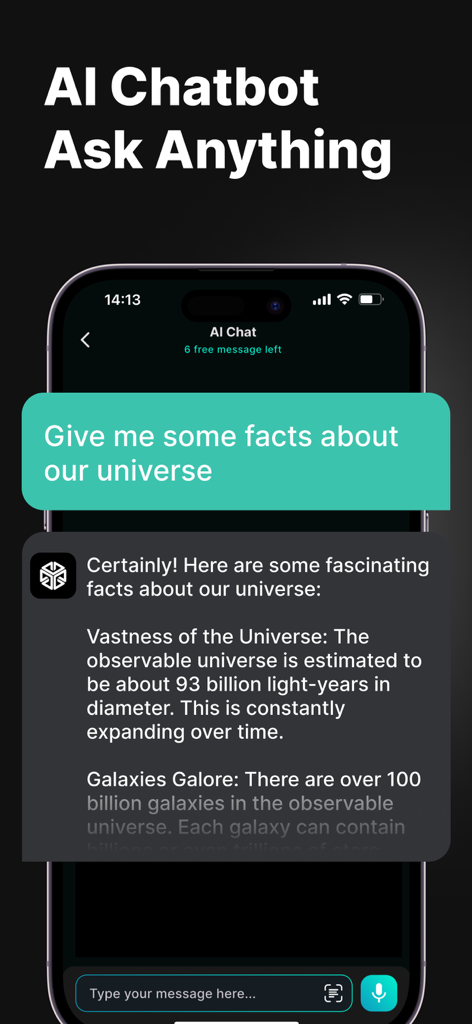 IA Chatbot Assistant - GemAI - GemAI Mobile App-Oberfläche, auf der ein KI-Chatbot eine Frage zum Universum beantwortet
