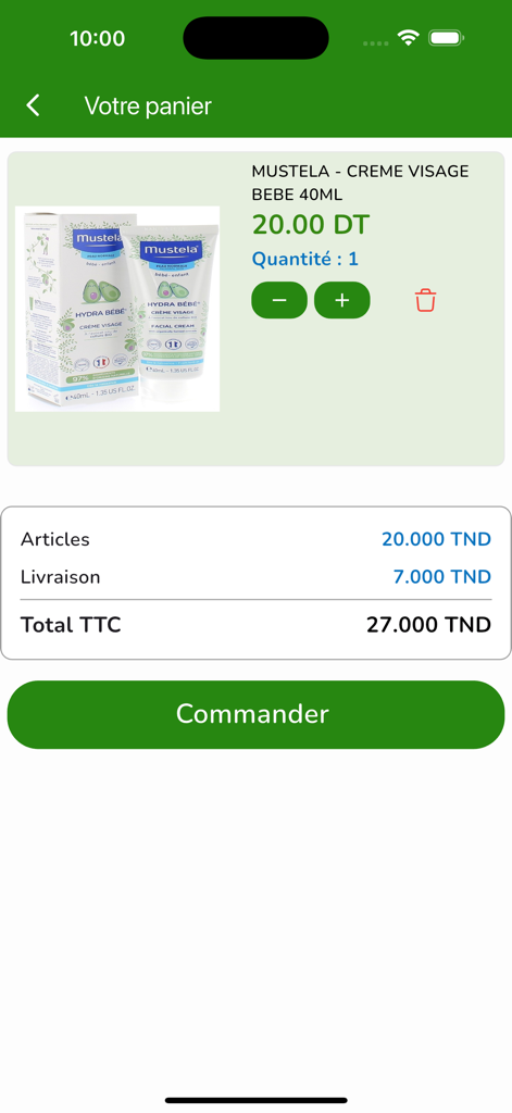 Para Fendri - Shopping cart screen in the Cresus Shop app showing a Mustela baby face cream with price and checkout button