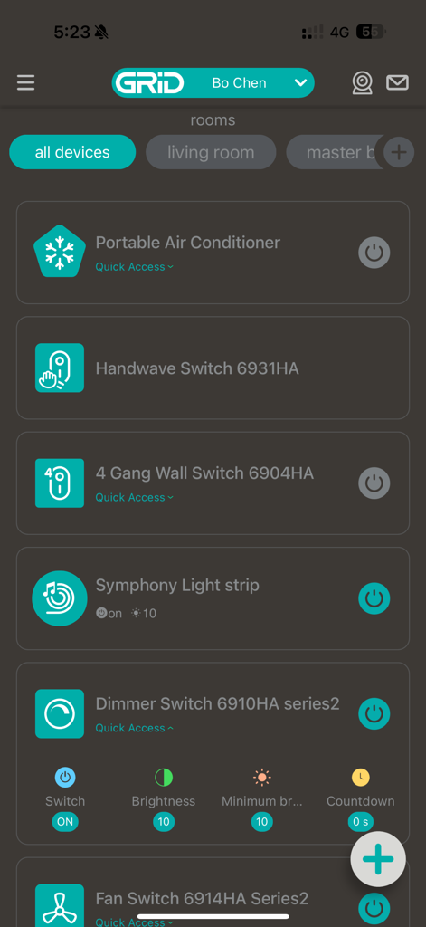 The Grid Connect app interface showing a list of connected smart home devices including an air conditioner and light switches.