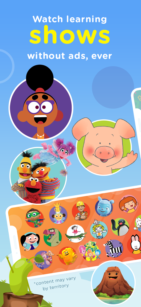 Interface de l'application Hopster affichant une variété d'émissions éducatives pour enfants avec une garantie 100 % sans publicité