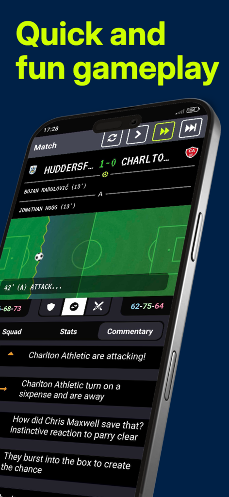 RFM26 Football Manager - Smartphone displaying a live football match screen with commentary in RFM26 Football Manager