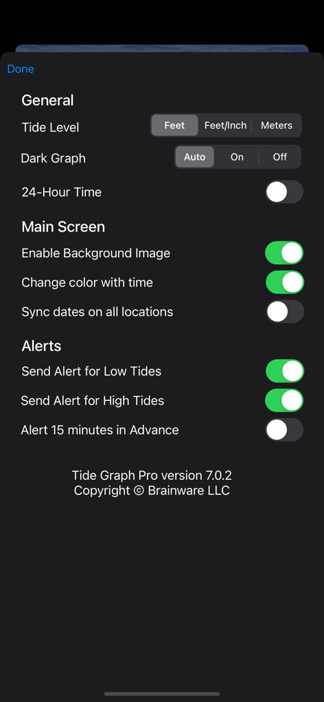 Settings menu for Tide Graph Pro app displaying tide level units and high and low tide alert configurations.