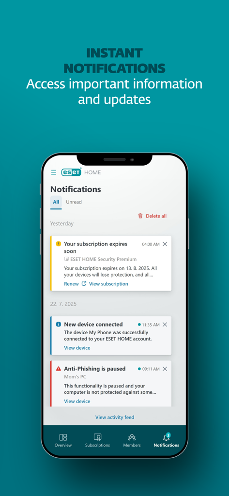 ESET HOME - Interfaz de la app ESET HOME que muestra una lista de notificaciones de seguridad, incluidas alertas de suscripción, nuevas conexiones de dispositivos y estado antiphishing en un iPhone.