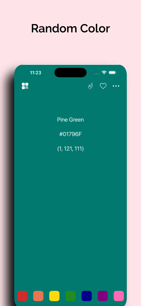 Random Color - Color Generator - Random Color app interface showing Pine Green with its HEX and RGB values
