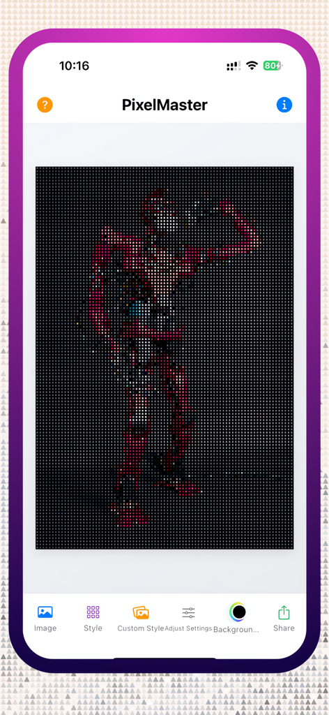 PixelMaster-App-Oberfläche, die eine rote Figur zeigt, die auf dunklem Hintergrund in einen kreisförmigen Pixel-Art-Stil umgewandelt wurde