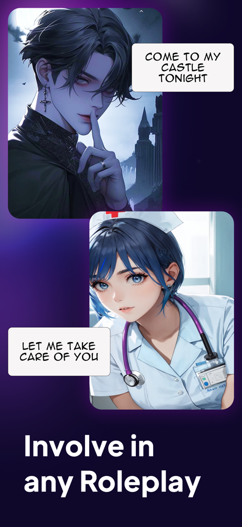 Fling AI Character & Roleplay - Dos personajes de IA estilo anime, un hombre gótico y una enfermera, con burbujas de diálogo de juego de rol.