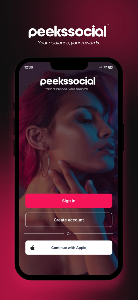 Peeks Social - Live Video - Peeks Social app login screen showing options to sign in, create an account, or continue with Apple.