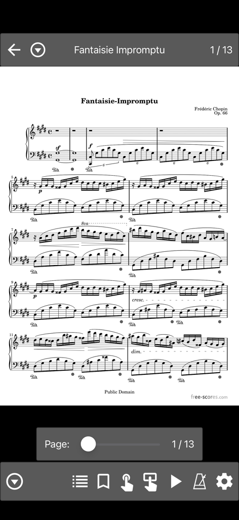 MobileSheetsアプリのインターフェースに、ナビゲーションと演奏ツールを備えたショパンのピアノ楽譜が表示されています。
