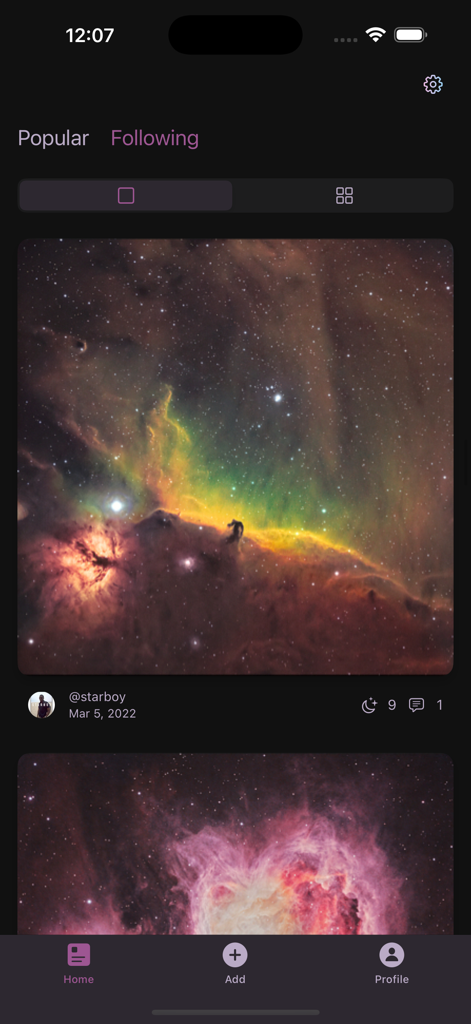 Stardust: Astrophotography - Stardust app social feed showing a detailed photo of a nebula and star cluster.