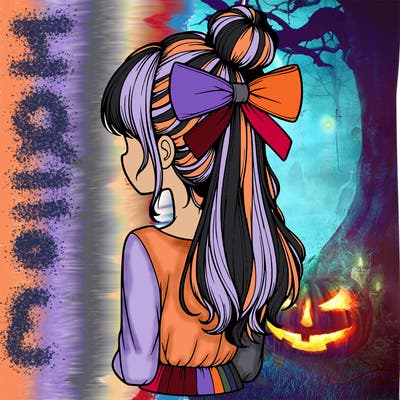 realistic girl  with hip length hair a bun and a big bow on the back of head