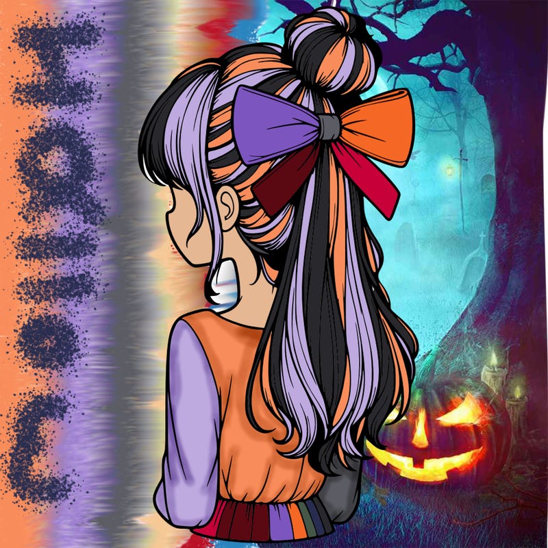 realistic girl  with hip length hair a bun and a big bow on the back of head