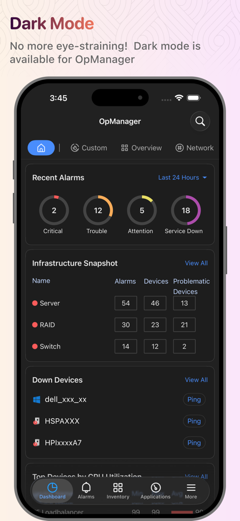 Dashboard di monitoraggio di rete OpManager in modalità oscura che mostra lo stato dell'infrastruttura e gli allarmi