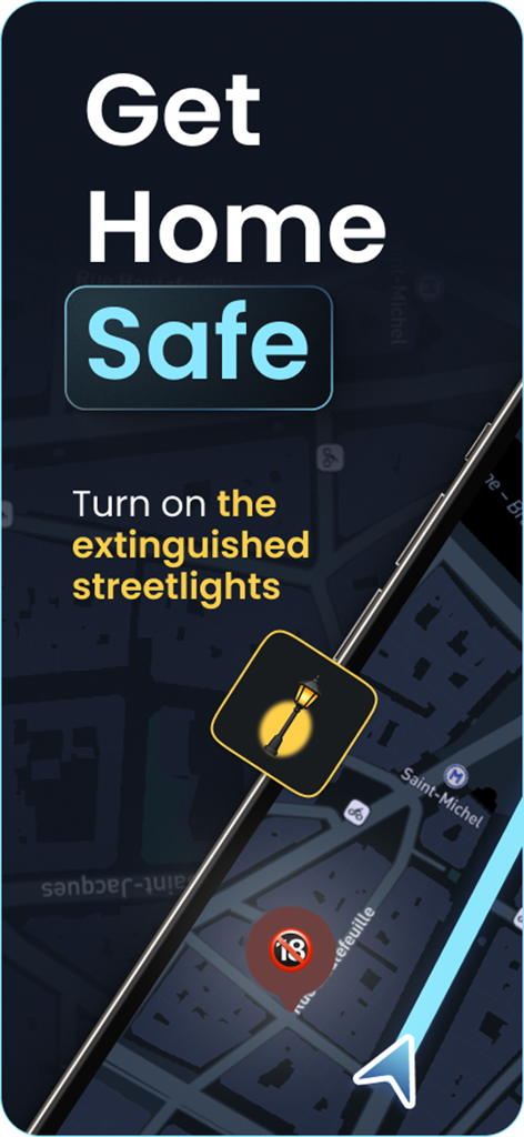 Olago safety app showing a map with alerts for streetlights and urban navigation