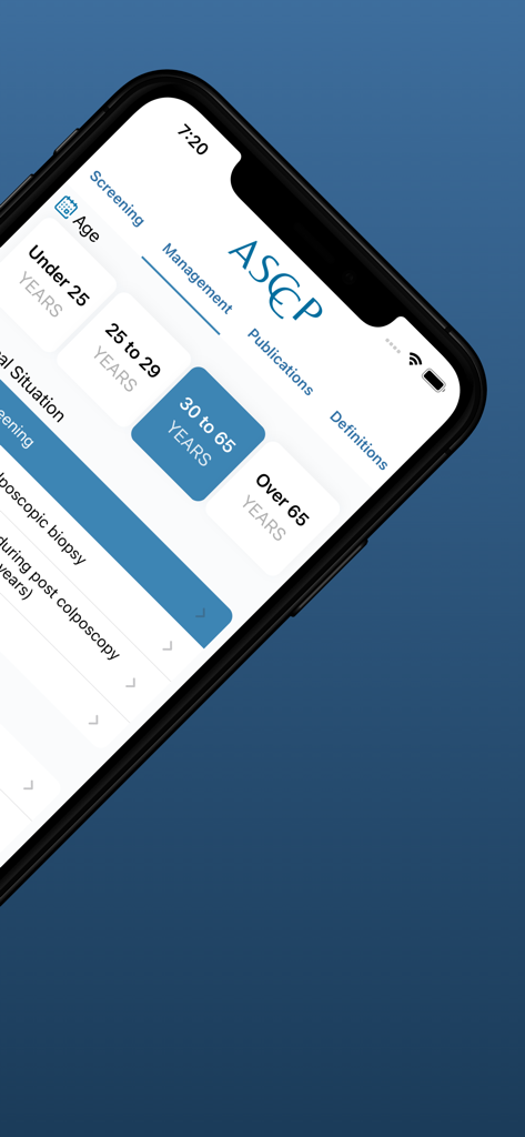 ASCCP Management Guidelines - ASCCP app interface showing age-based patient screening selection for cervical cancer management guidelines