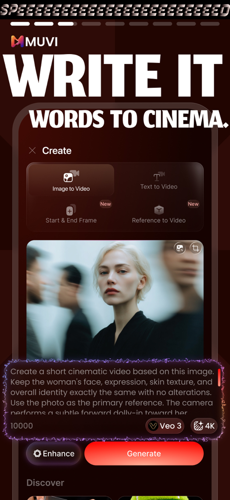 AI Video Maker & Editor - Muwi - Muwi app interface showing the text to video generation feature with a cinematic prompt.
