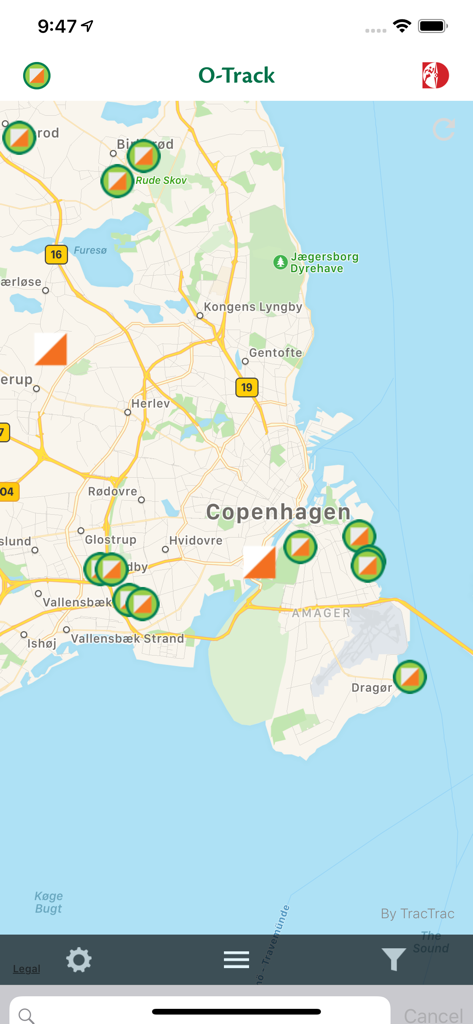 O-Track - O-Track app map interface displaying orienteering course markers around Copenhagen