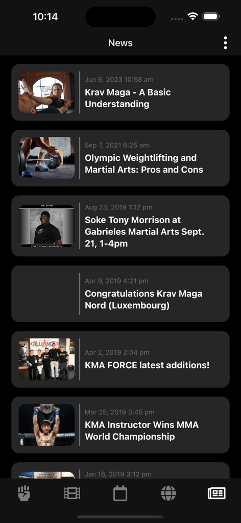 Krav Maga Pro - News feed screen of the Krav Maga Pro app showing articles about self-defense techniques and martial arts community updates