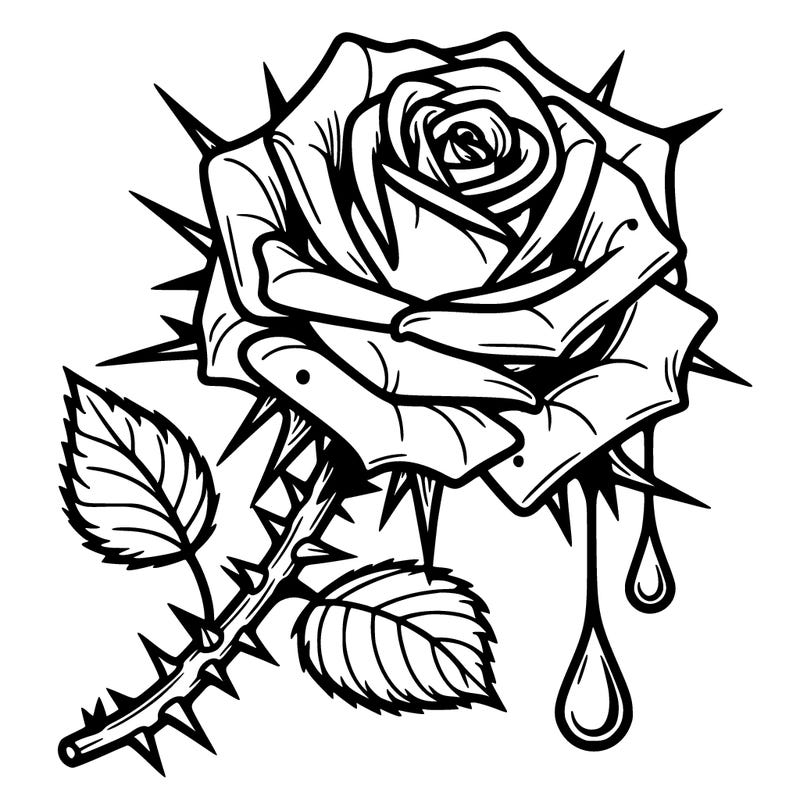 one single blooming rose with thorns dripping rain drop