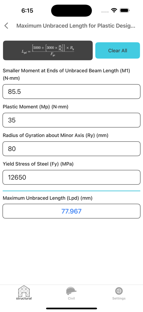 Structural Engineering lite - Interface of the Structural Engineering lite app showing a calculator for Maximum Unbraced Length for Plastic Design with metric unit inputs.