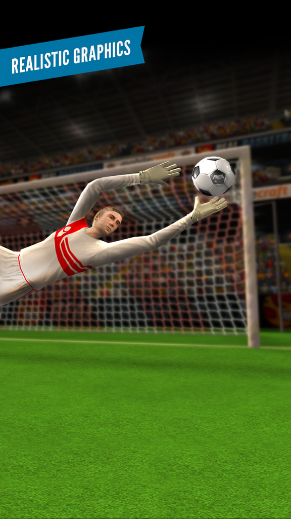 Un portero lanzándose para atrapar un balón de fútbol en el juego móvil Flick Shoot 2 con gráficos 3D realistas
