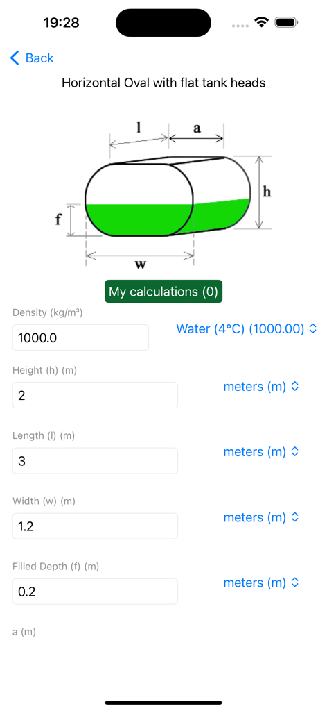 Tank Measure: Volume Calc - Tank Measure app interface for calculating the volume of a horizontal oval tank with flat heads including input fields for dimensions