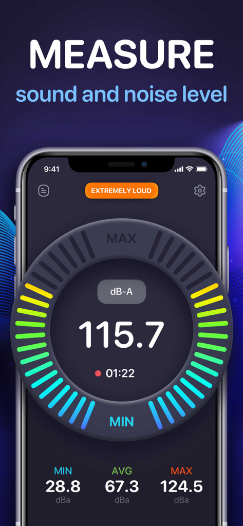 Decibel Meter - Sound Analyzer - Decibel Meter app interface showing an extremely loud sound level of 115.7 dB-A with average and max statistics