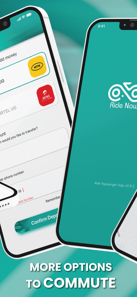 Ride Now - Uganda - Ride Now Uganda mobile app interface showing transport options and mobile money payment methods
