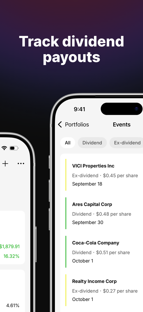 Dividend Tracker - Plainzer - Dividend Tracker - Plainzer app screen displaying upcoming dividend payouts and ex-dividend dates for various stocks
