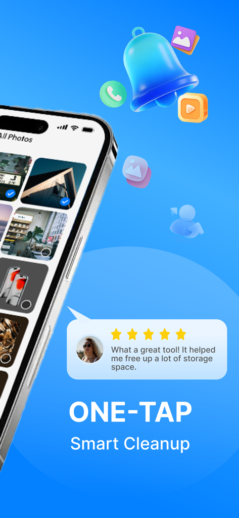 Smart Scan for Photos & Videos - La aplicación Smart Scan for Photos and Videos muestra la función de limpieza de un toque y una reseña positiva del usuario