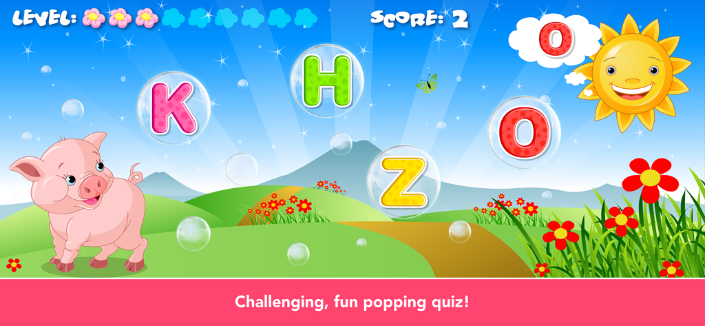 Toddler Games For 2 Year Olds. - Alphabet popping quiz game interface with colorful bubbles and a pig character