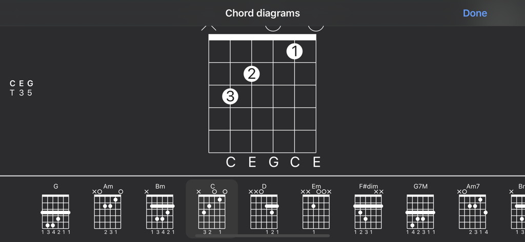 Bibliothèque d'accords de guitare avec positions des doigts dans l'interface de l'application Guitar Pro.