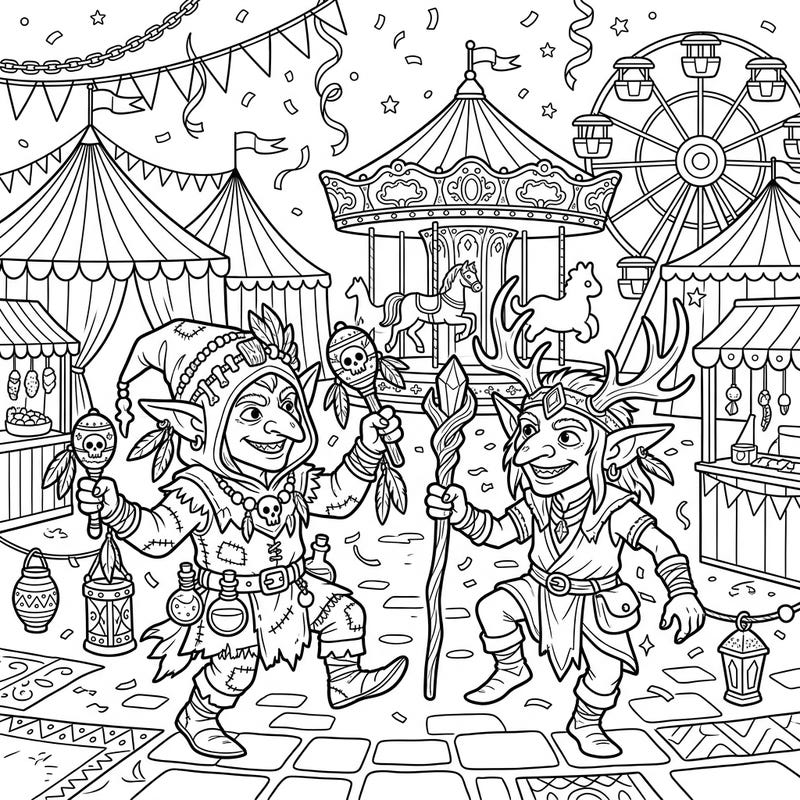 Join two joyful Goblin Shamans as they revel in a vibrant carnival atmosphere. This exciting coloring page blends fantasy and festive fun, ready for your creative splash of color.