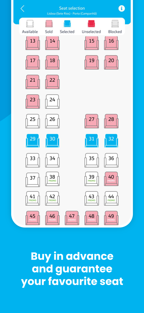 Rede Expressos - A bus seat layout interface showing available and reserved seats for selection on the Rede Expressos app.