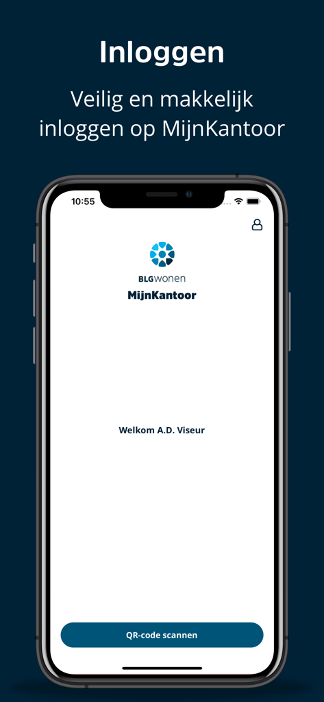 MijnKantoor BLG Wonen - MijnKantoor BLG Wonen app login screen showing a QR code scan button for secure financial advisor access