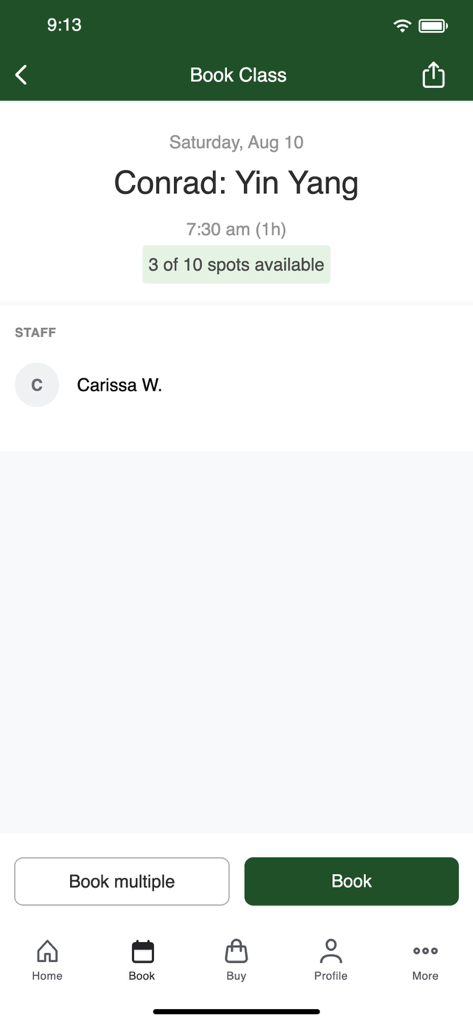 Trapeze Rec. Club - Booking screen for a Yin Yang class at Trapeze Rec Club showing availability and staff information