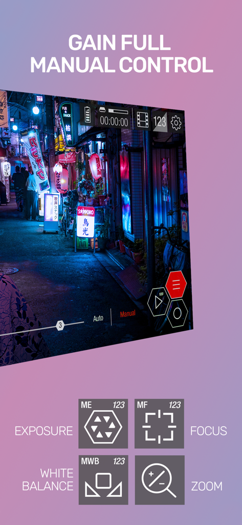 Guerrilla Filmmaker: Camera - Guerrilla Filmmaker app interface showing manual camera controls for exposure focus white balance and zoom