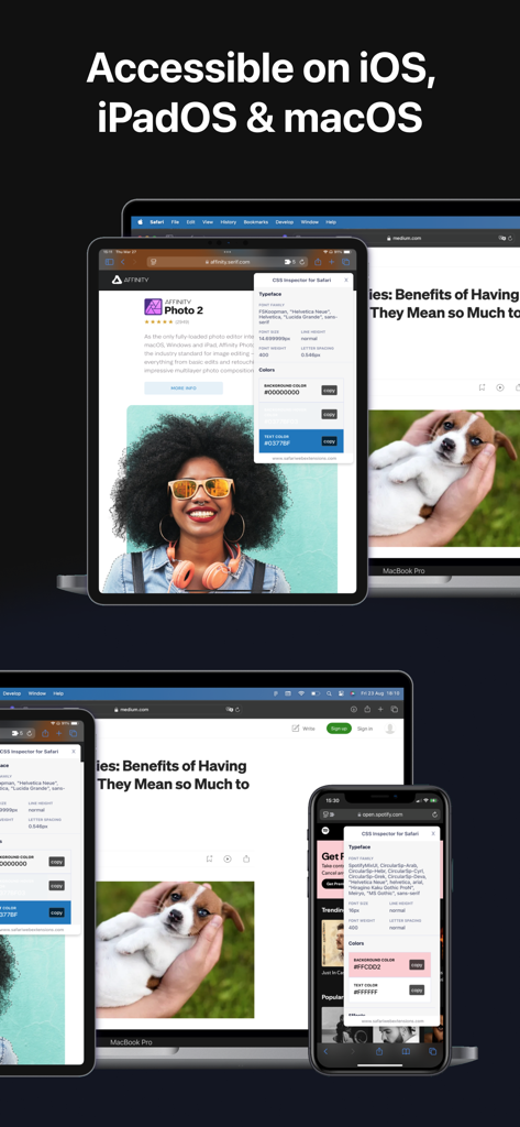 Inspector CSS para Safari mostrando la interfaz en iPhone, iPad y MacBook con detalles de fuente y color