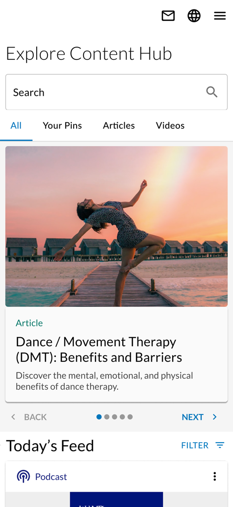 Wellness At Your Side - Screenshot of the Content Hub in the Wellness At Your Side app featuring health articles and a search bar