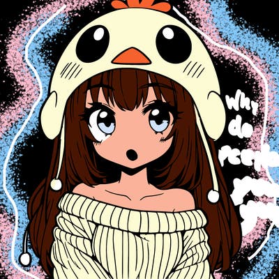 anime girl with chick shaped hat with sweater with bare shoulders with bangs covering them one eye with low tail