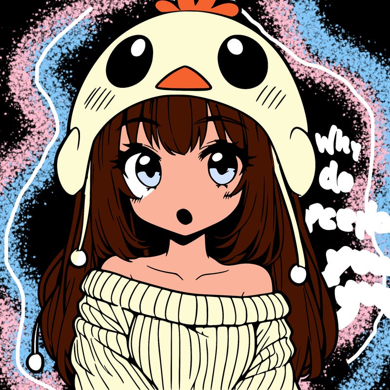 anime girl with chick shaped hat with sweater with bare shoulders with bangs covering them one eye with low tail