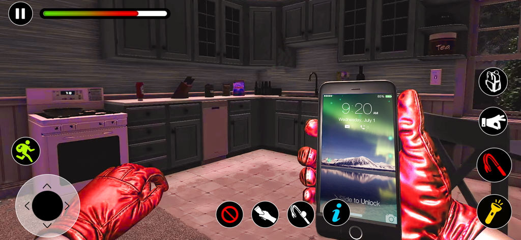 Thief Simulator Stealth Game - 스마트폰을 들고 빨간 장갑을 낀 도둑이 있는 주방의 1인칭 시점