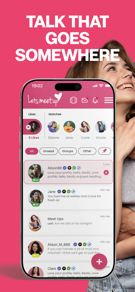 Lets Meet Up - Mobile screen showing the chat interface and message list of the Lets Meet Up casual dating app