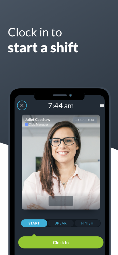 Interface do aplicativo móvel para funcionários registrarem o ponto em um turno com verificação por foto