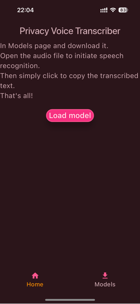 VoiceScriber - VoiceScriber app home screen showing private voice transcription instructions and a load model button