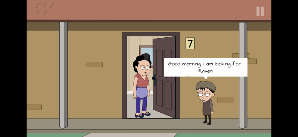 Johnny Bonasera 1 - Johnny Bonasera talking to a woman at a house entrance in a 2D cartoon style adventure game