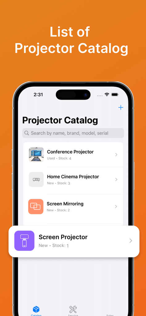 Mobile Projector Media - Mobile Projector Media app screen showing the projector equipment catalog list