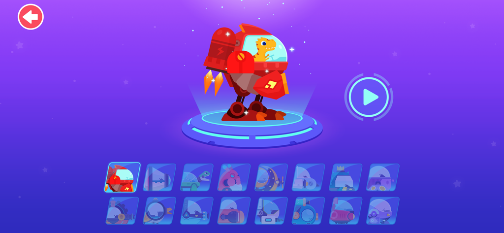 Charakterauswahl-Bildschirm mit einem Dinosaurier in einem roten Mech und Symbolen für andere freischaltbare Roboter.