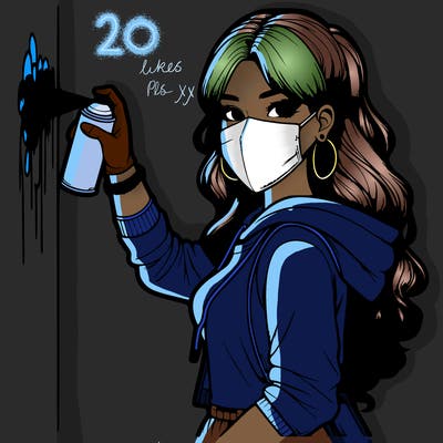 realistic girl with mask spray painting a wall