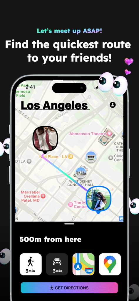 ロサンゼルスで友達に会うためのルートと推定時間を示すwhooアプリのインターフェース
